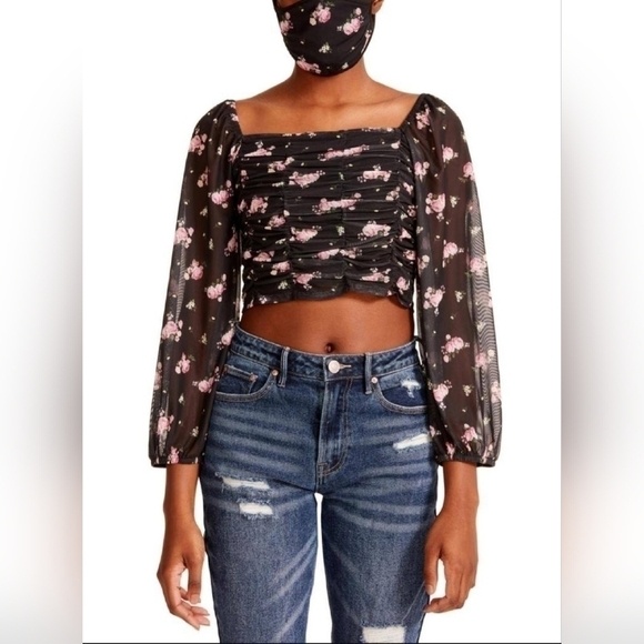 Madden Girl  Floral-Print Peasant Top With Mask, Black Ruched Size XXL NWT - Picture 2 of 12